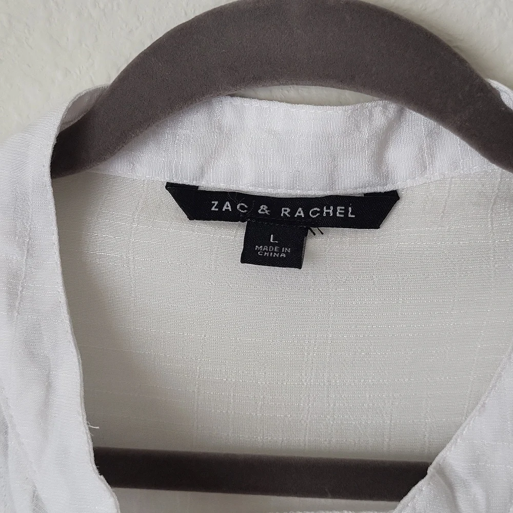 Zac & Rachel White Sheer Gauze Top Blouse Push Up Button Tab Sleeves L - Picture 2 of 8